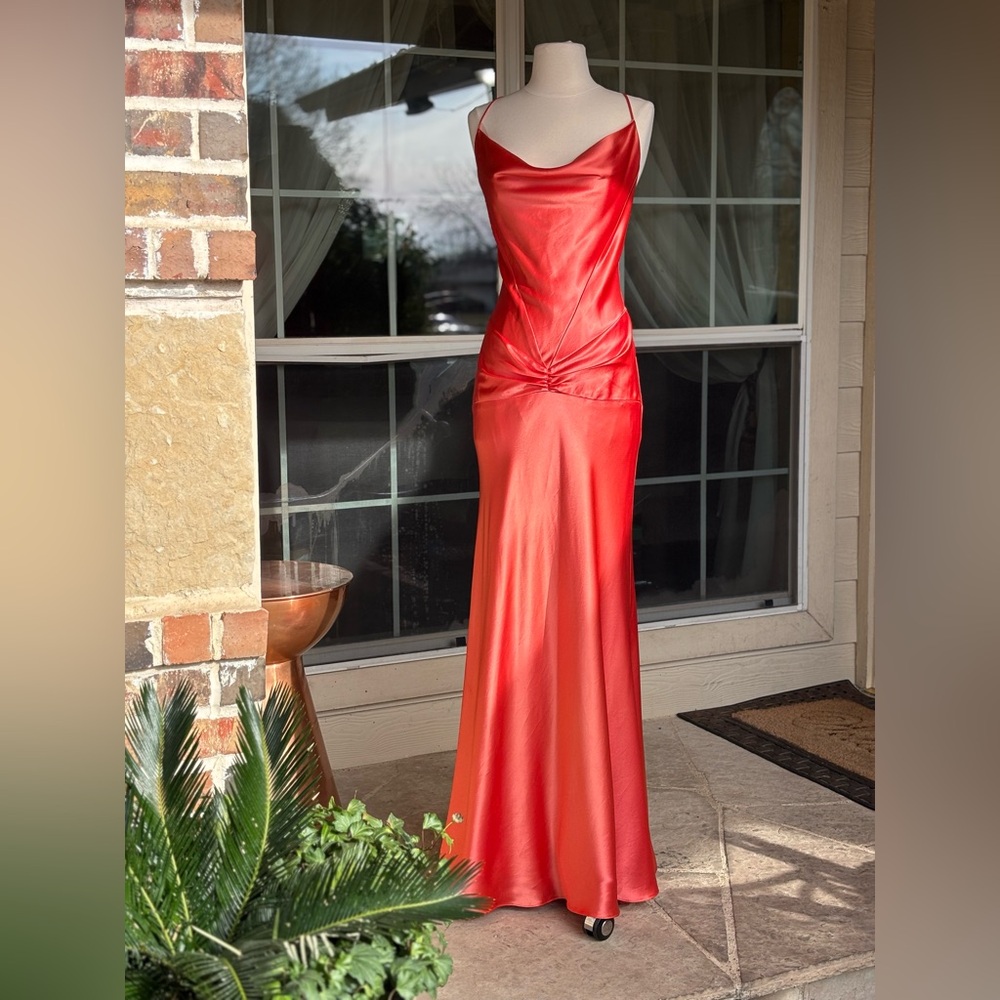 Stunning! Vintage 90s Caché Red Liquid Satin Cowl Neck Gown – Size 6